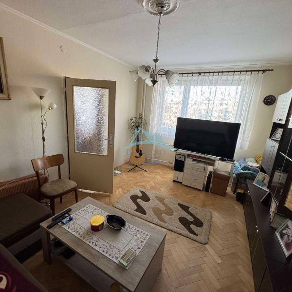 Wohnzimmer mit Fernseher und Holzboden in einer Einzimmerwohnung.