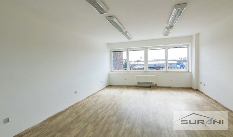 Ein Büro mit weißen Wänden und einem Boden in Holzoptik, große Fenster als Lichtquelle.