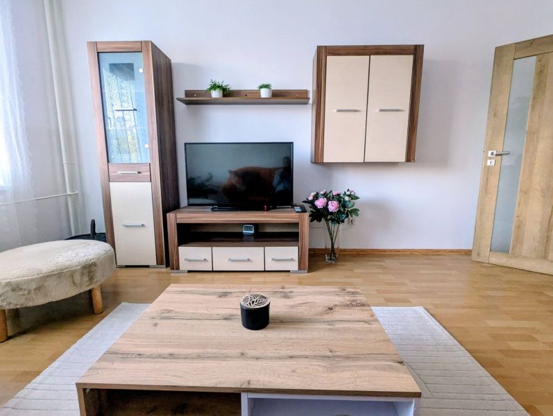 Wohnzimmer einer 2-Zimmer-Wohnung mit Holzboden und TV-Möbeln.