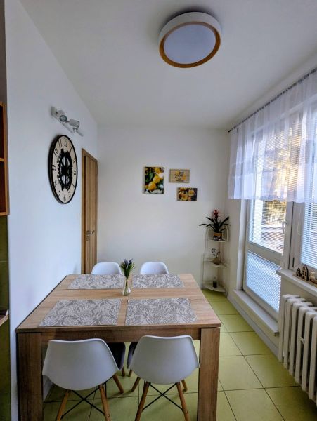 Esszimmer in einer 2-Zimmer-Wohnung mit Esstisch und Dekorationen.