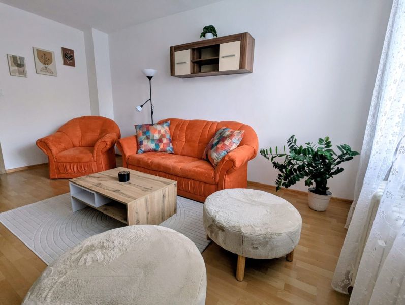 Wohnzimmer einer 2-Zimmer-Wohnung mit einem orangefarbenen Sofa, einer Pflanze und einem Boden in Holzoptik.