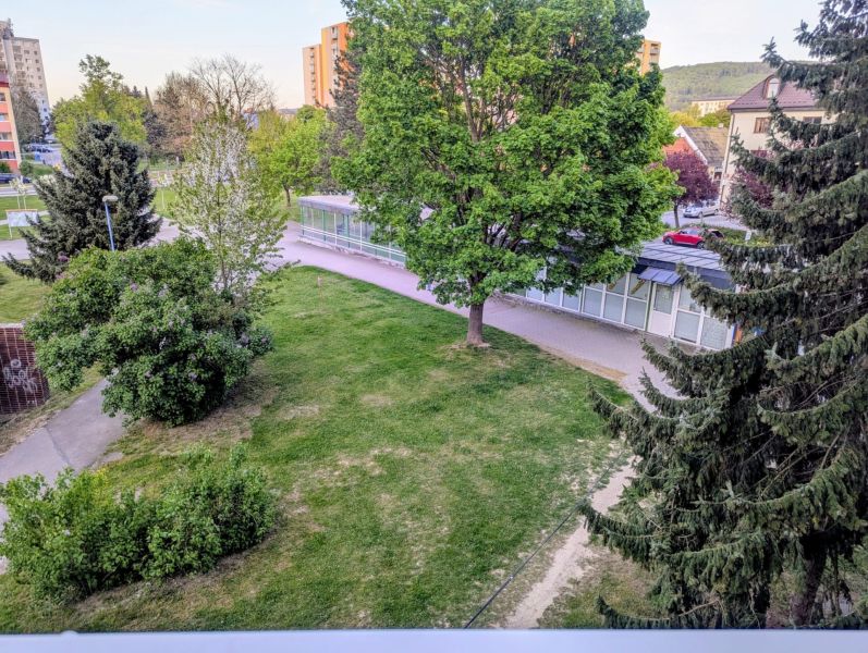 Begrünen Sie die Umgebung der Straße Centrum I in Dubnica nad Váhom mit Gehwegen und Gebäuden.