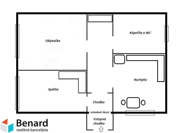 Grundriss einer 2-Zimmer-Wohnung mit Wohnzimmer, Schlafzimmer, Küche, Badezimmer und Flur.