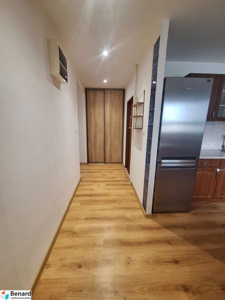 Flur mit Einbauschrank und Küche in einer 2-Zimmer-Wohnung, Holzboden, helle Wände.