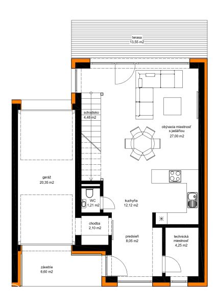 Grundriss eines Einfamilienhauses in Skalica mit Garage, Terrasse und Wohnzimmer mit Essbereich.