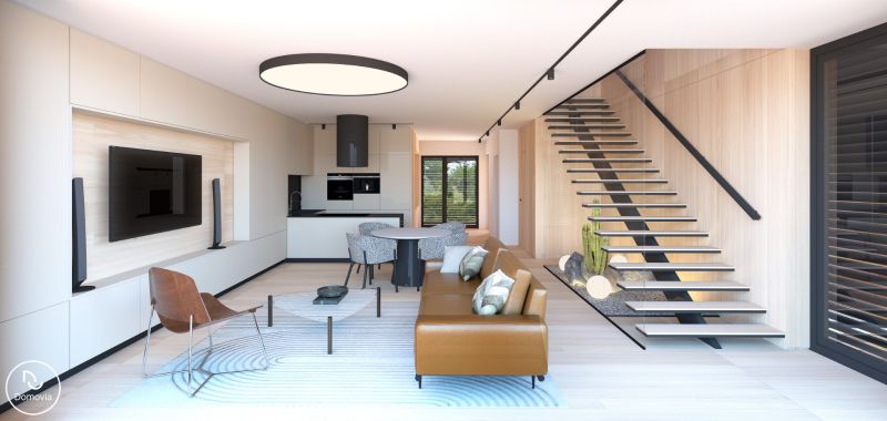 Wohnzimmer mit Küche, Treppe und Holzboden, Grundstücke - Wohnen.