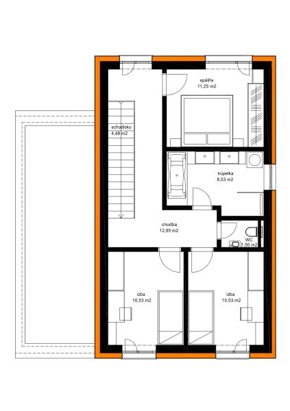 Grundriss eines Einfamilienhauses: drei Zimmer, Badezimmer, WC und Treppe.