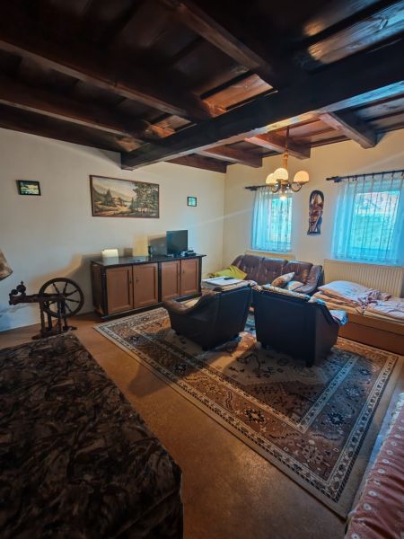 Wohnzimmer mit Teppich, Holzbalkendecke und Fernseher in einem Einfamilienhaus.