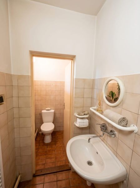 Badezimmer in einem Einfamilienhaus mit Waschbecken, Spiegel und Toilette, Fliesen mit braunem Dekor.