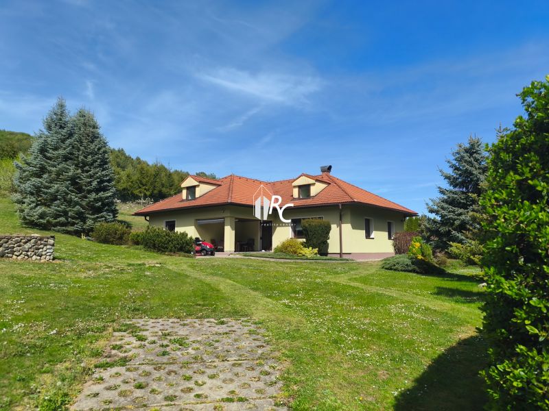 Ein Einfamilienhaus in Trebostovo mit einem roten Dach, umgeben von grünem Rasen und Bäumen.
