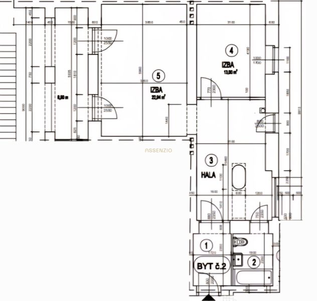 Grundriss einer 2-Zimmer-Wohnung mit gekennzeichneten Räumen und Abmessungen.