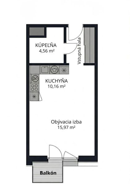 Grundriss einer 1-Zimmer-Wohnung mit Küche, Wohnzimmer, Badezimmer und Balkon.
