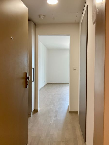Eingangsflur einer Einzimmerwohnung mit Holzboden.