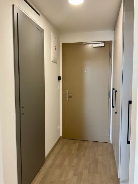 Eingangsflur in einer Einzimmerwohnung mit Holzboden und weißen Wänden.