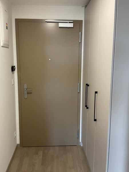 Eingangstür einer Einzimmerwohnung mit Holzboden und einem Schrank.
