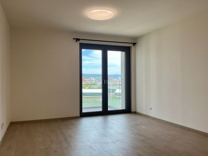 1-Zimmer-Wohnung mit Holzdekorboden und Balkontüren.