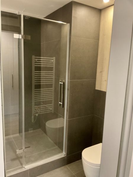 Badezimmer mit verglaster Duschkabine in einer Einzimmerwohnung und Handtuchheizkörper.