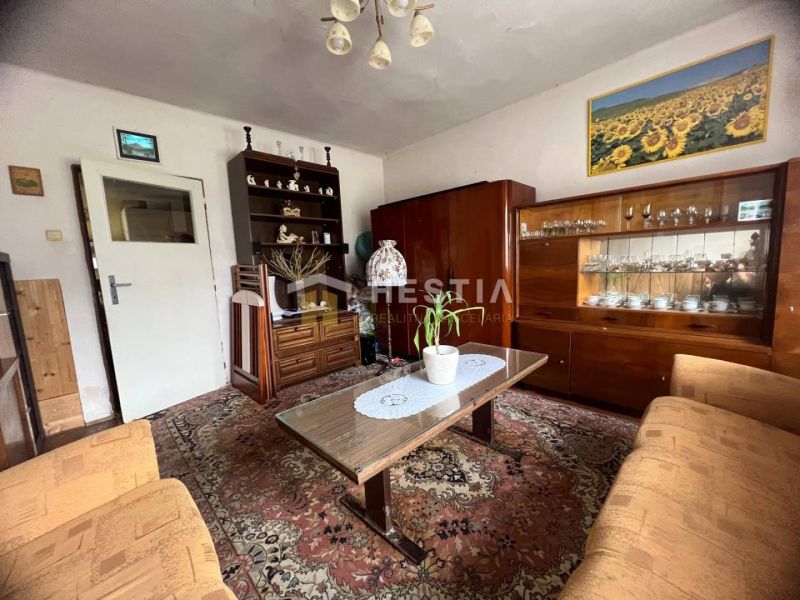 Wohnzimmer in einem Einfamilienhaus mit Teppich, Möbeln und einem Bild von Sonnenblumen.