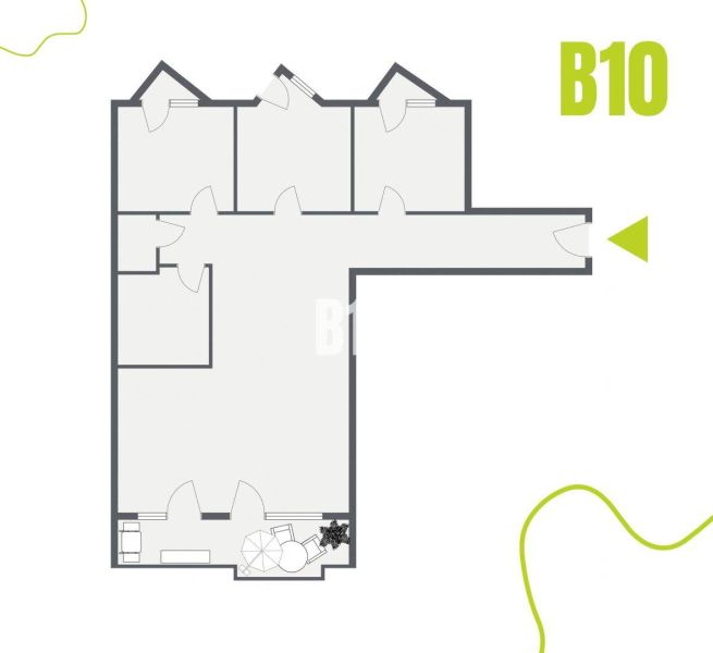 Grundriss einer 4-Zimmer-Wohnung mit Terrasse und drei Räumen im Obergeschoss.