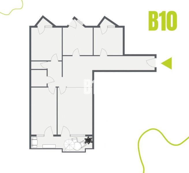Grundriss einer 4-Zimmer-Wohnung mit vier Räumen und zwei Eingängen.