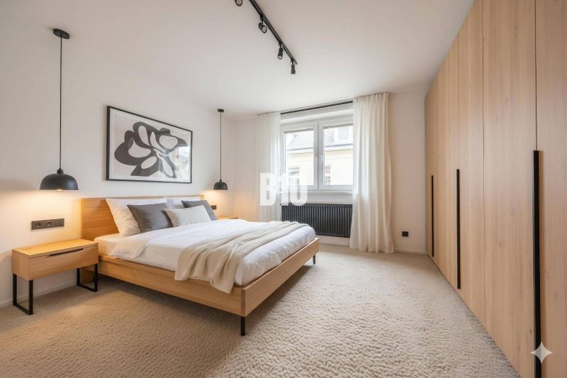 Schlafzimmer mit Doppelbett, hellen Wänden, Teppichboden und Wanddekoration in einer 4-Zimmer-Wohnung.