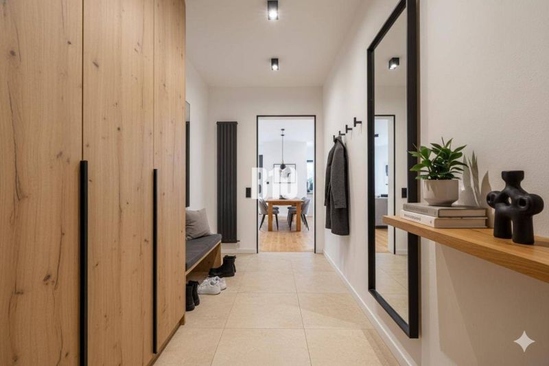 Innenraum einer 4-Zimmer-Wohnung mit Fliesen, Holzdekor und einem Spiegel an der Wand.