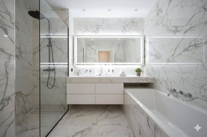 Ein Badezimmer mit Marmorfliesen, Dusche, Badewanne und einem großen Spiegel in einer 4-Zimmer-Wohnung.