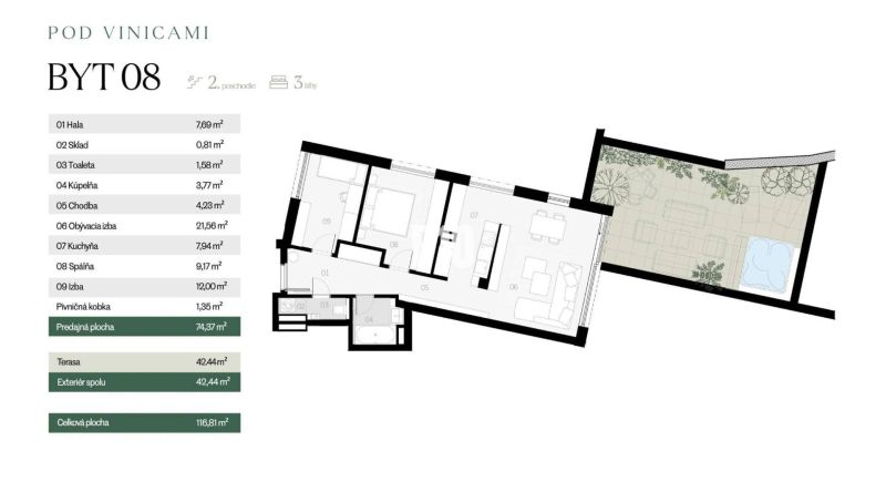 Grundriss einer 3-Zimmer-Wohnung mit Terrasse umfasst Küche, Wohnzimmer, Schlafzimmer und Badezimmer.