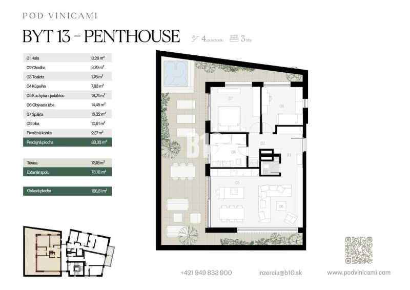 Grundriss einer 3-Zimmer-Wohnung mit Terrasse, Küche, Badezimmer und Keller. Gesamtfläche 156 m².