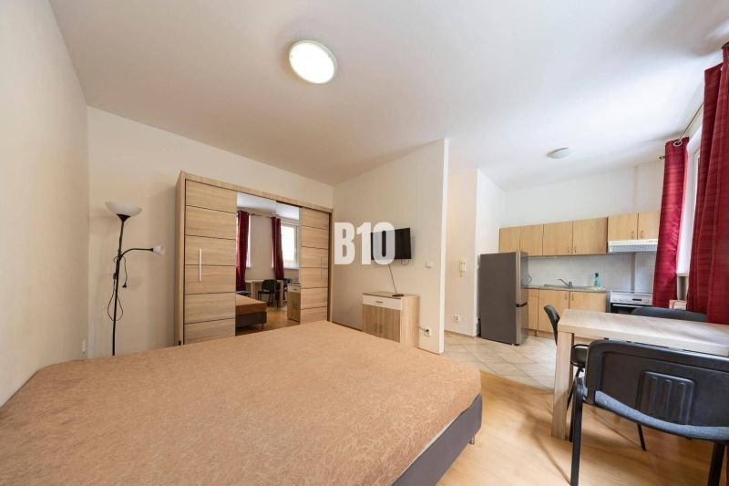 Studio mit Küche, Bett, Tisch und Kleiderschrank in Büros.