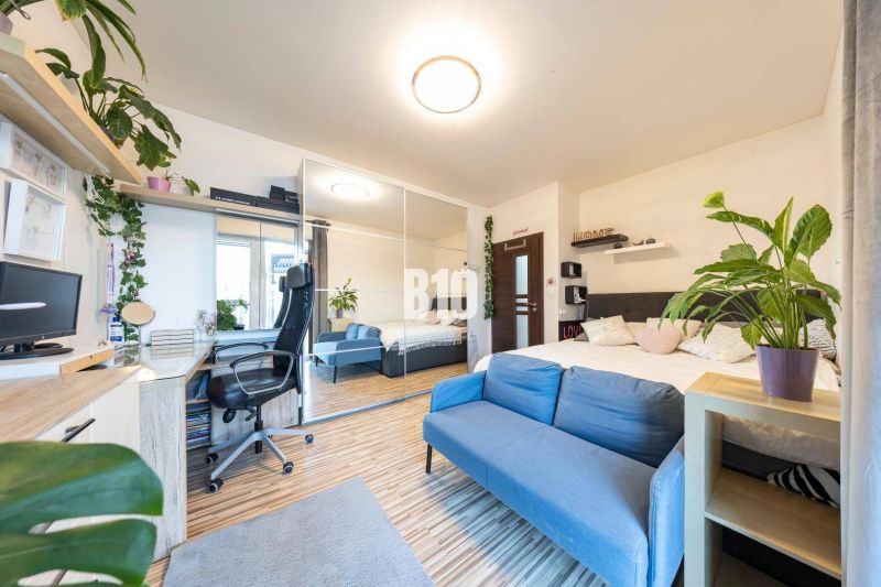 Das Einfamilienhaus bietet einen Boden mit Holzdekor, ein blaues Sofa und eine Arbeitsecke.