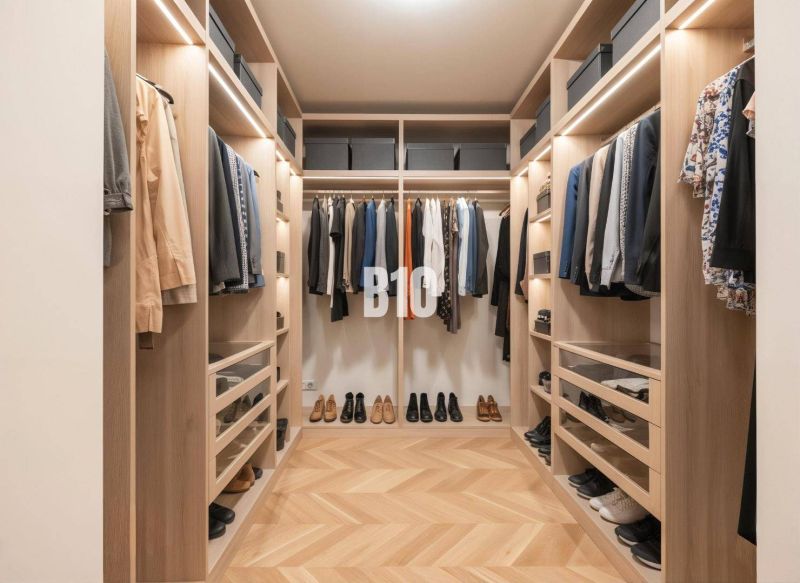 Ein Kleiderschrank mit einem Boden in Holzdekor, der Kleidung und Schuhe in einer 4-Zimmer-Wohnung enthält.