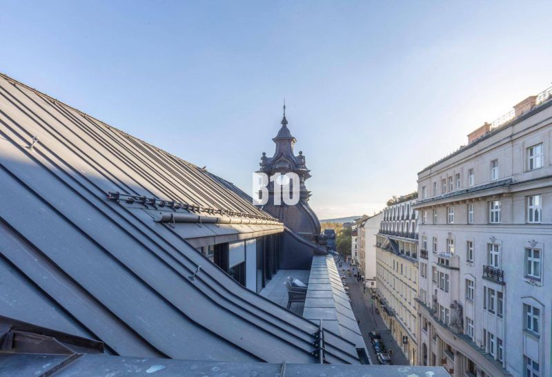 Blick auf die Dächer und Architektur in der Gorkého Straße in Bratislava, Altstadt.