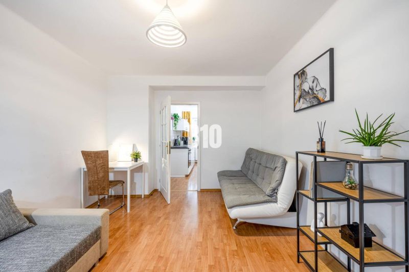 Wohnzimmer in einer Zweizimmerwohnung mit Holzboden und einfacher Einrichtung.