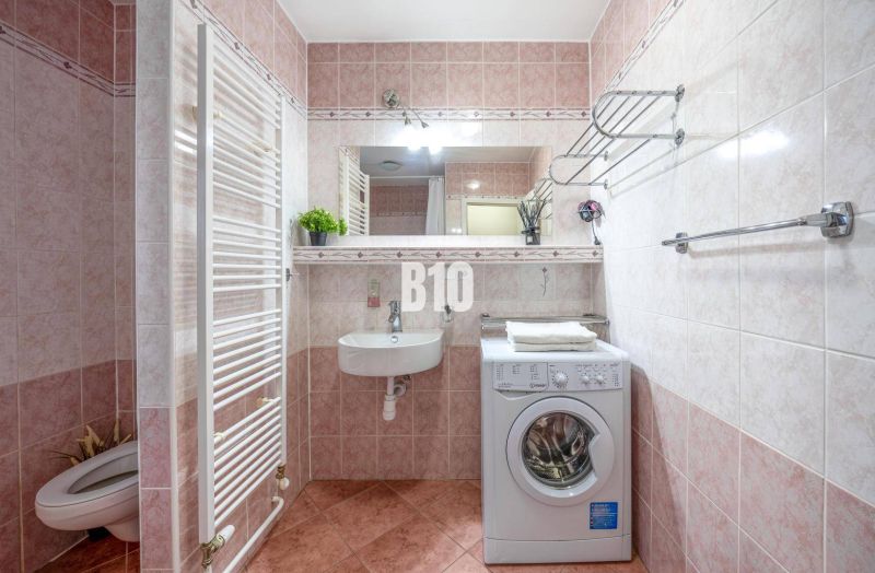 Badezimmer mit Waschmaschine, Waschbecken und Toilette in einer Zweizimmerwohnung. Frische Pflanzen verleihen Charme.