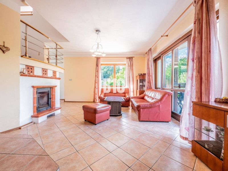 Wohnzimmer in einem Einfamilienhaus mit Kamin, rotem Sofa und Fenstern mit Aussicht.