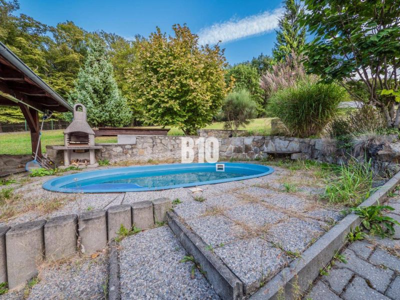 Der Garten eines Einfamilienhauses in Marianka mit Grill und Pool, umgeben von Grün.