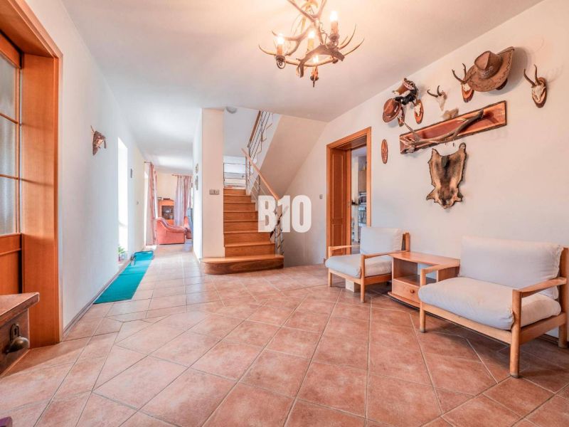 Ein Flur in einem Einfamilienhaus mit einer Holztreppe, Möbeln und Jagdtrophäen an der Wand.