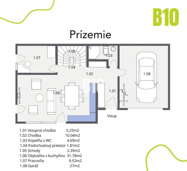 Grundriss des Erdgeschosses eines Einfamilienhauses mit Wohnzimmer, Küche und Garage.