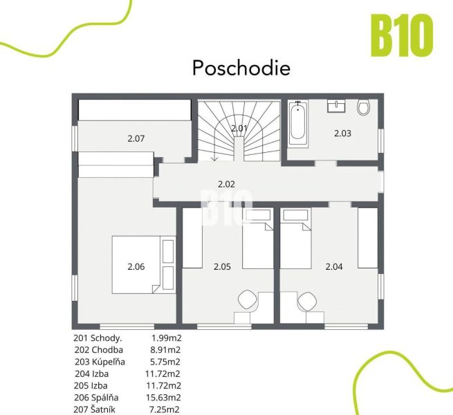 Grundriss des Obergeschosses eines Einfamilienhauses in Malinovo: Treppe, Flur, Badezimmer, Zimmer, Schlafzimmer, Ankleidezimmer.