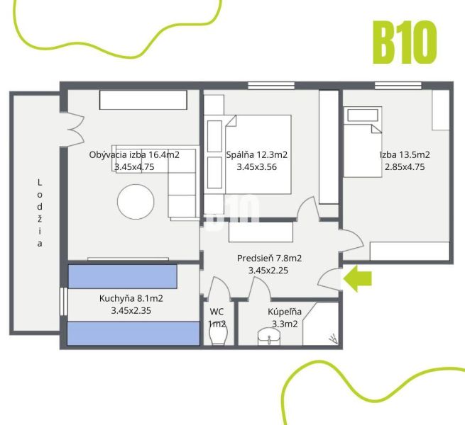 Grundriss einer 3-Zimmer-Wohnung mit Schlafzimmer, Loggia, Badezimmer, WC und Küche.