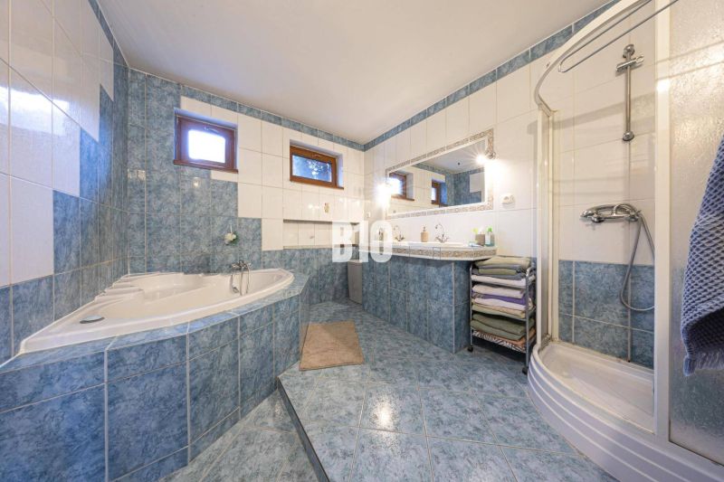 Ein Badezimmer in einem Einfamilienhaus mit Badewanne, Dusche und blauen Keramikfliesen.