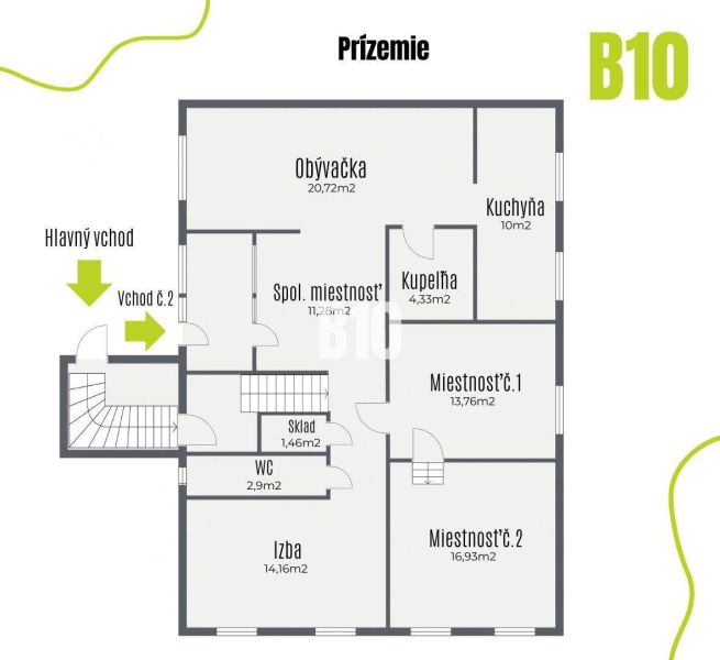 Grundriss des Erdgeschosses eines Einfamilienhauses in Štvrtok na Ostrove mit Zimmern und Lagerraum.