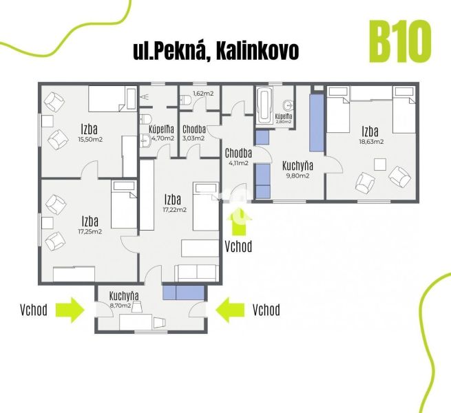 Grundriss eines Einfamilienhauses in Kalinkovo umfasst Zimmer, Badezimmer und Küchen mit zwei Eingängen.