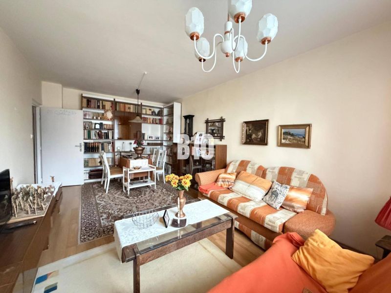 Wohnzimmer in einer 3-Zimmer-Wohnung mit Holzboden, Teppich und bequemer Couch.