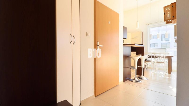 Eingangsbereich in einer 2-Zimmer-Wohnung mit Küche und Essbereich, Boden mit Holzdekor.