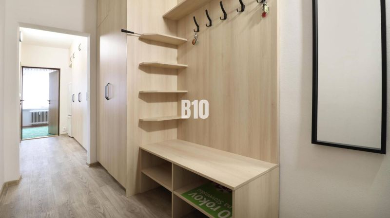Flur in einer 3-Zimmer-Wohnung mit Holzboden, Wandspiegel und Kleiderhaken.