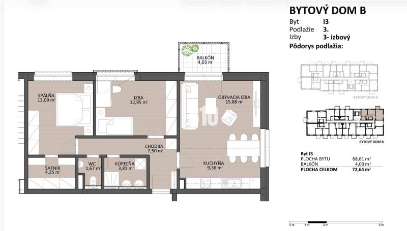 Grundriss einer 3-Zimmer-Wohnung mit Balkon, einer Fläche von 72,64 m² und einem Boden in Holzoptik.