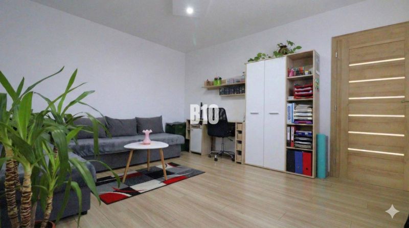 Wohnzimmer in einem Einfamilienhaus mit Holzboden, Sitzgarnitur, Schrank, Pflanzen.