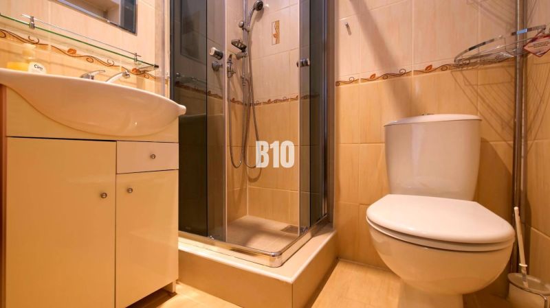 Badezimmer in einer Einzimmerwohnung mit Dusche, Waschbecken und Toilette.